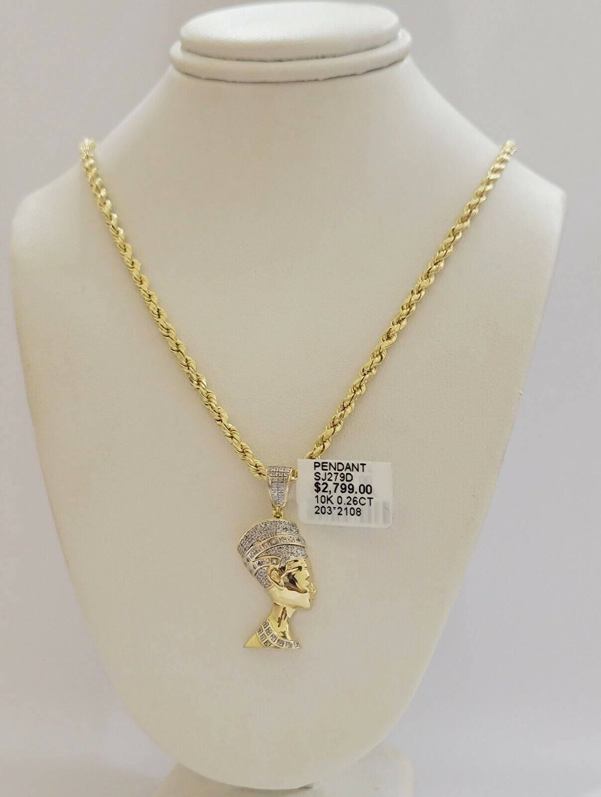 REAL 10k Gold Rope Chain Diamond Pendant Pharaoh Head SET 3mm Necklace 18