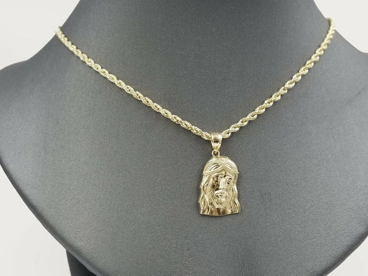 REAL 10k Rope Chain And Jesus head face Charm Pendant 3mm Necklace Set 16"-28"