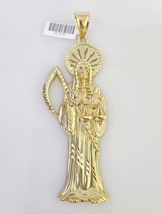 10k Santa Muerte Charm Pendant Mens REAL 10Kt Saint Reaper Yellow Gold