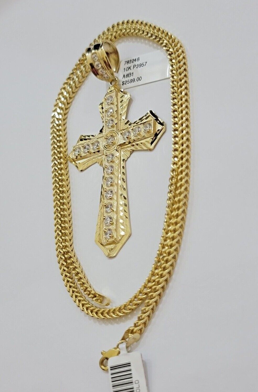 10k Yellow Gold Franco Chain Necklace Jesus Cross Charm Pendant 3mm 18-26 Inches