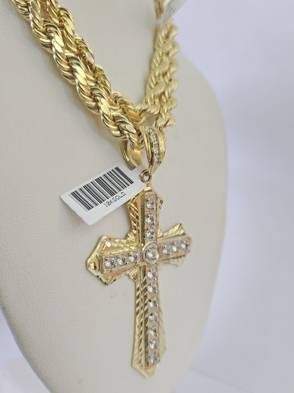 10k Yellow Gold Rope Chain Jesus Cross Charm Pendant 18-30'' Inch 7mm  Necklace