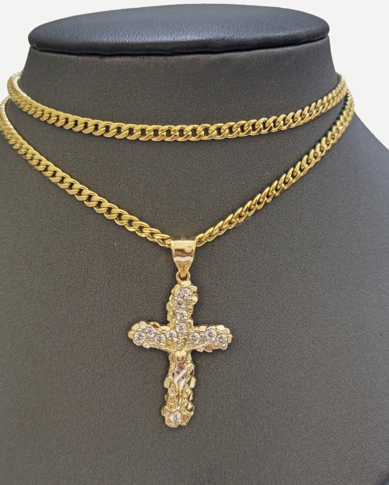 Real 10k Gold Cross Charm Pendant Chain SET 18-26" Miami Cuban Link Necklace Men