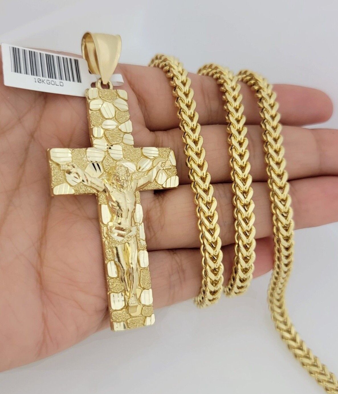 10kt Yellow Gold Franco Chain Necklace Nugget Cross Charm Pendant 5mm 20-26 Inch