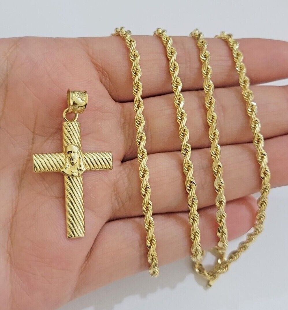 10k Yellow Gold Rope Chain Jesus Cross Charm Pendant Set 18-28'' Inches Necklace