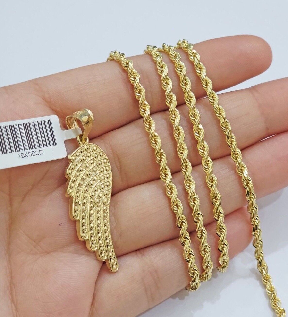 10k Gold Rope Chain Angel Wing Charm Pendant Set 22" Inch 3mm Necklace REAL SALE
