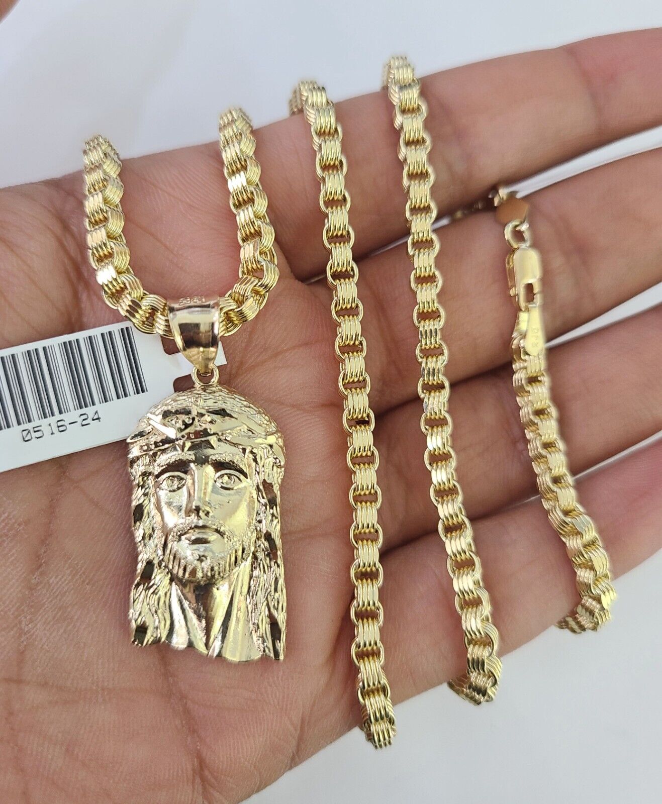 Real 10k Gold Byzantine Necklace Jesus Head Charm SET Chain 18"-30" 3mm Pendant