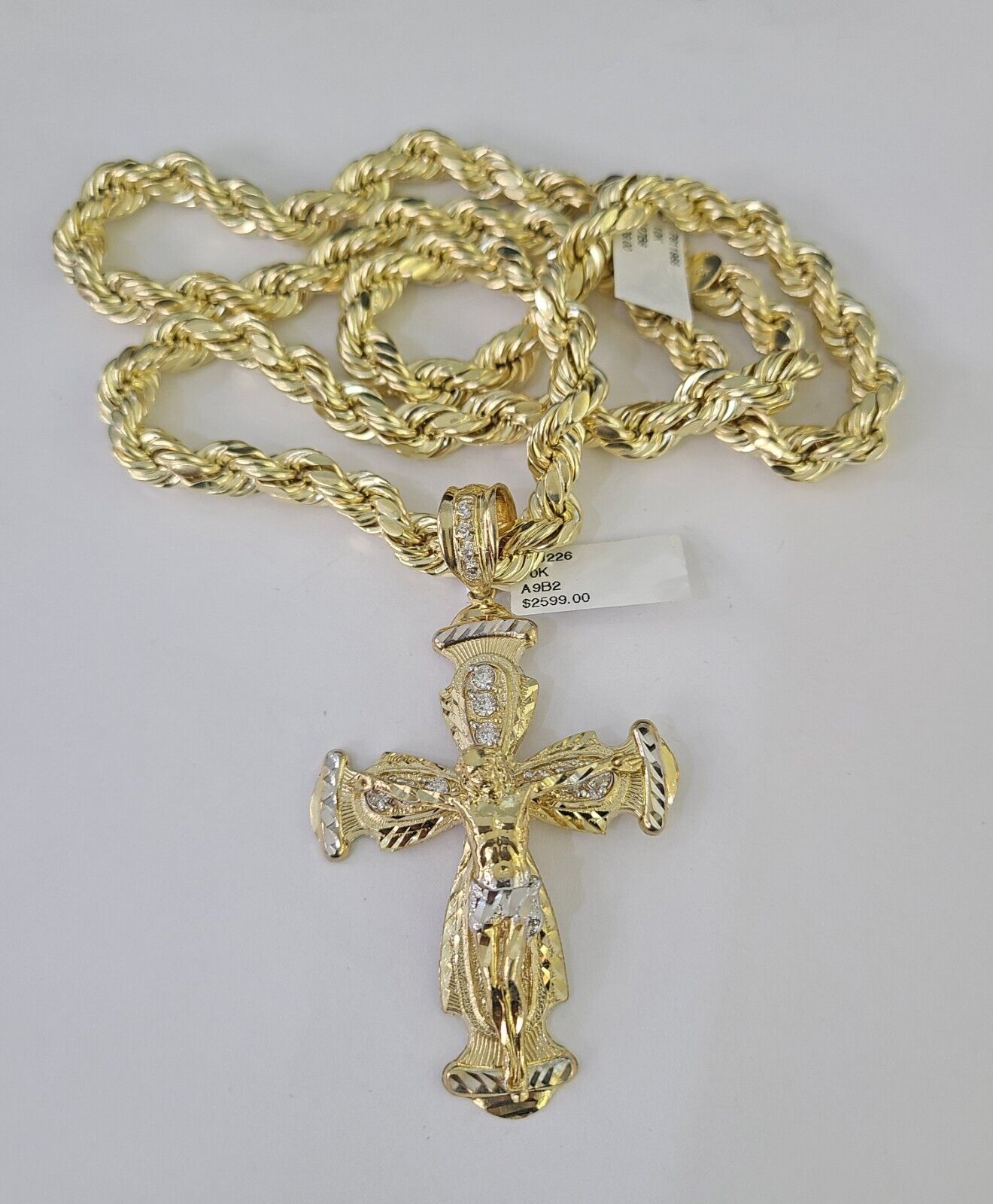 10k Yellow Gold Rope Chain Jesus Cross Charm Pendant 18-30'' Inch 8mm  Necklace