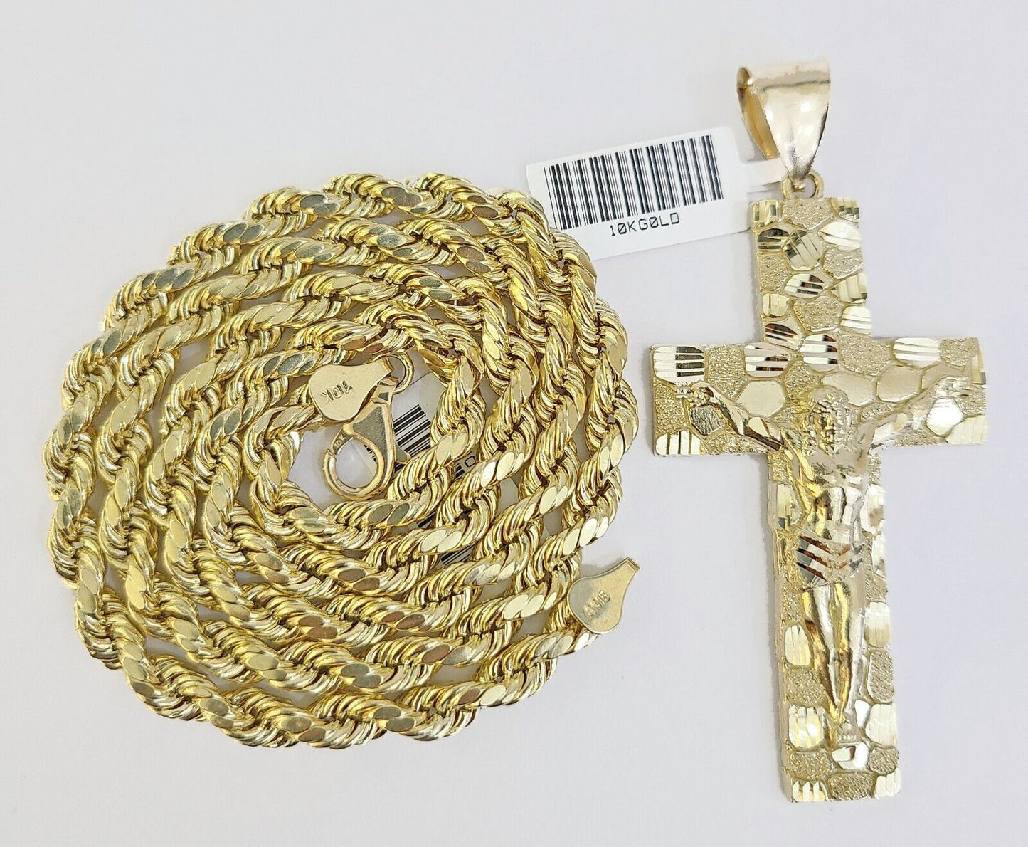 Real 10k Gold Rope Chain Necklace Jesus Cross Charm Pendant Set 20-28" inch 5mm