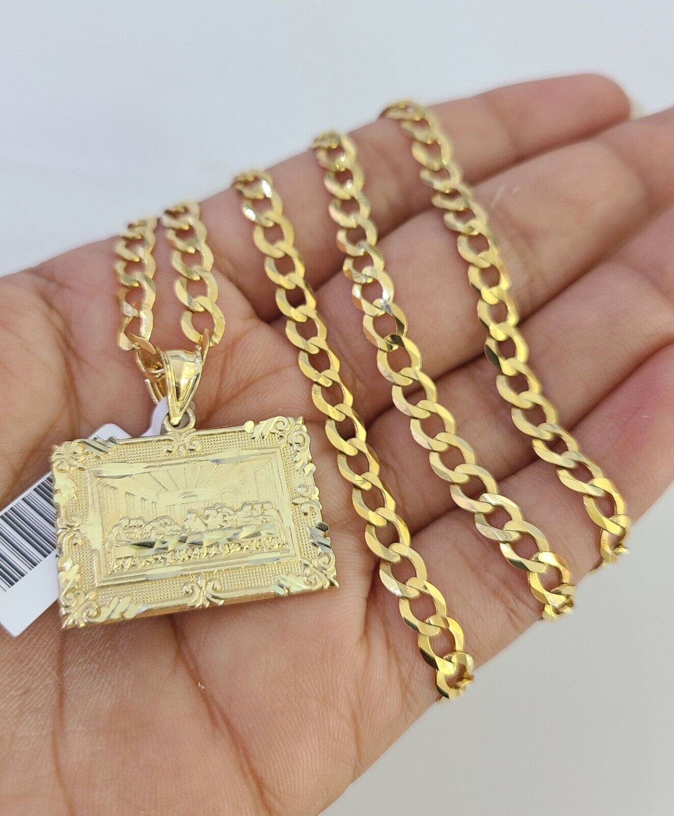 10k Gold Chain Necklace Last Supper Pendant Set Cuban Curb 5mm 20"-28" Charm