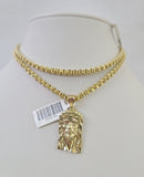 Real 10k Gold Byzantine Necklace Jesus Head Charm SET Chain 18"-30" 3mm Pendant