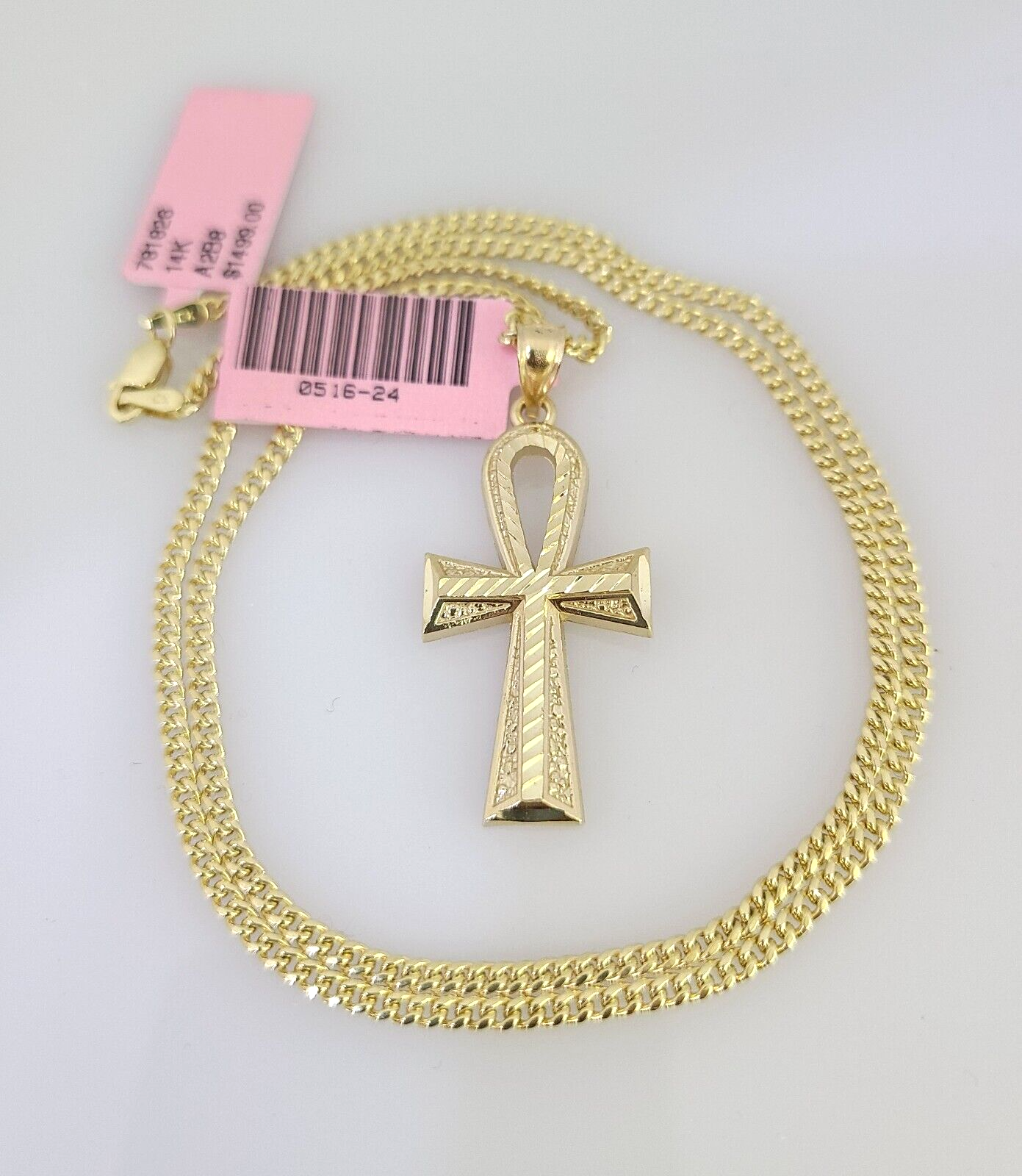 Real 14k Gold Chain Jesus Cross Pendant Set 14kt Miami Cuban Chain 2mm Charm