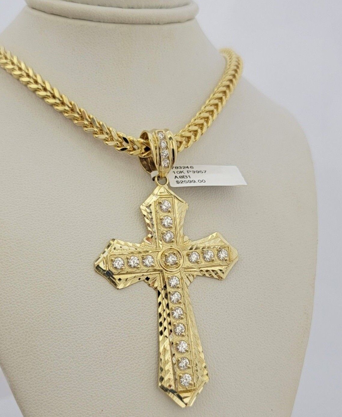 10k Yellow Gold Franco Chain Jesus Cross Charm Pendant 5mm 20-26 Inches Necklace