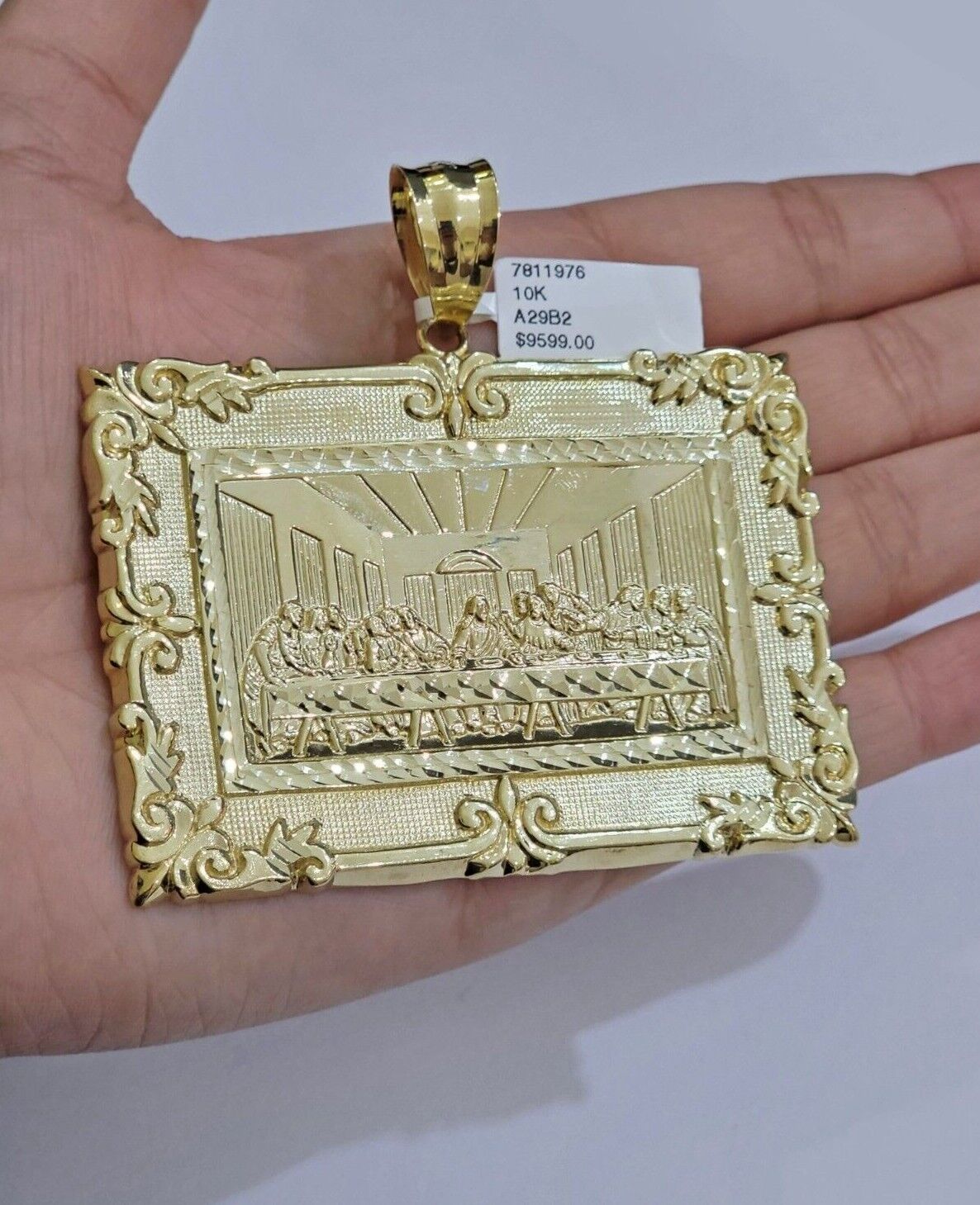 Real 10k Gold Pendant Charm Last Supper Square Jesus 10kt Yellow 1.5-3 Inch SALE