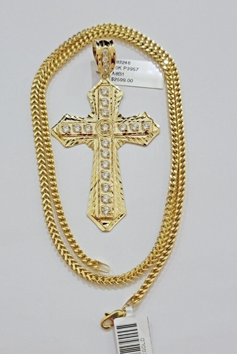 10k Yellow Gold Franco Chain Necklace Jesus Cross Charm Pendant 3mm 18-26 Inches