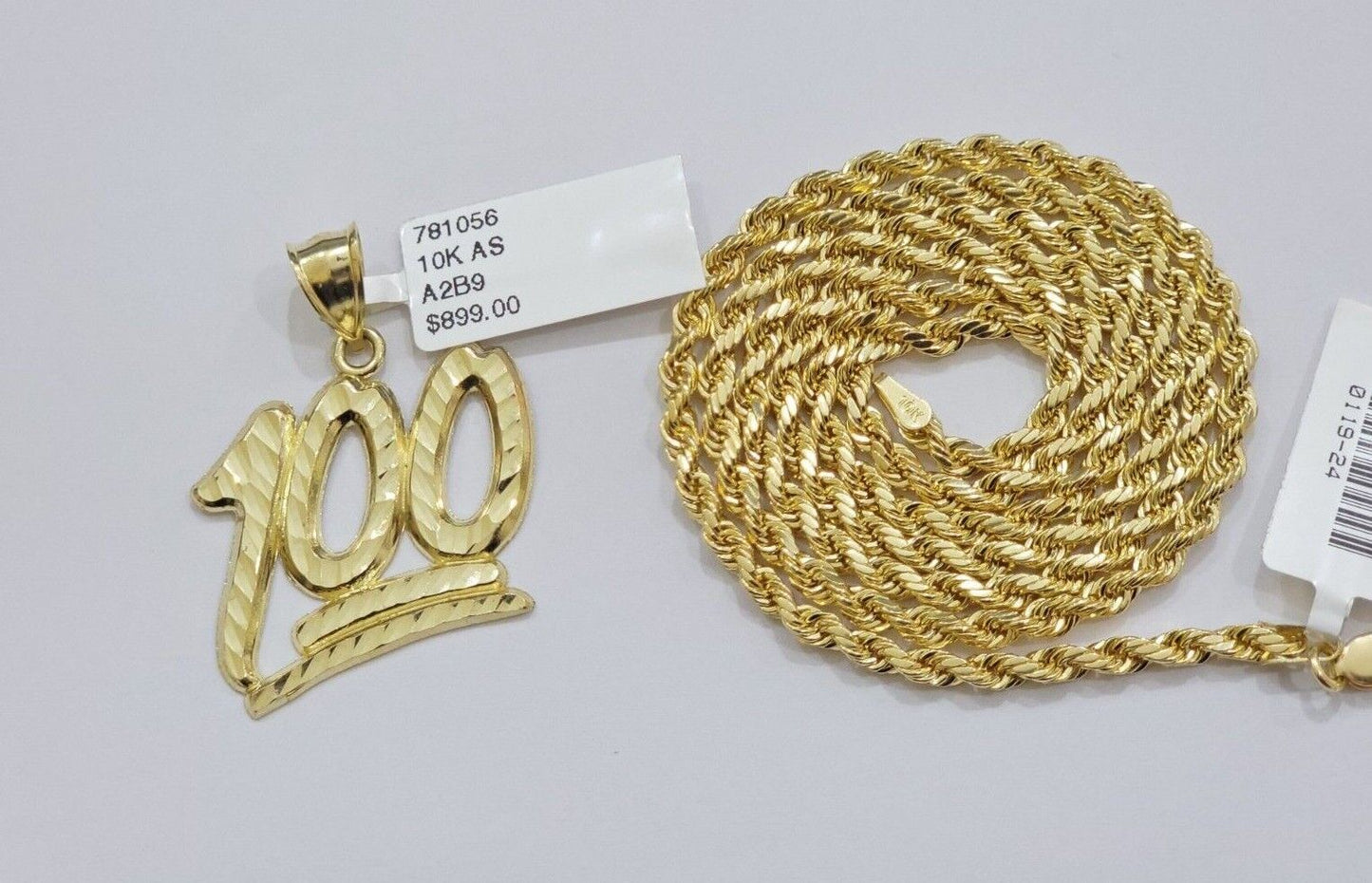 10k Yellow Gold Rope Chain 100 Charm Pendant Set 22 Inch 3mm Necklace REAL SALE
