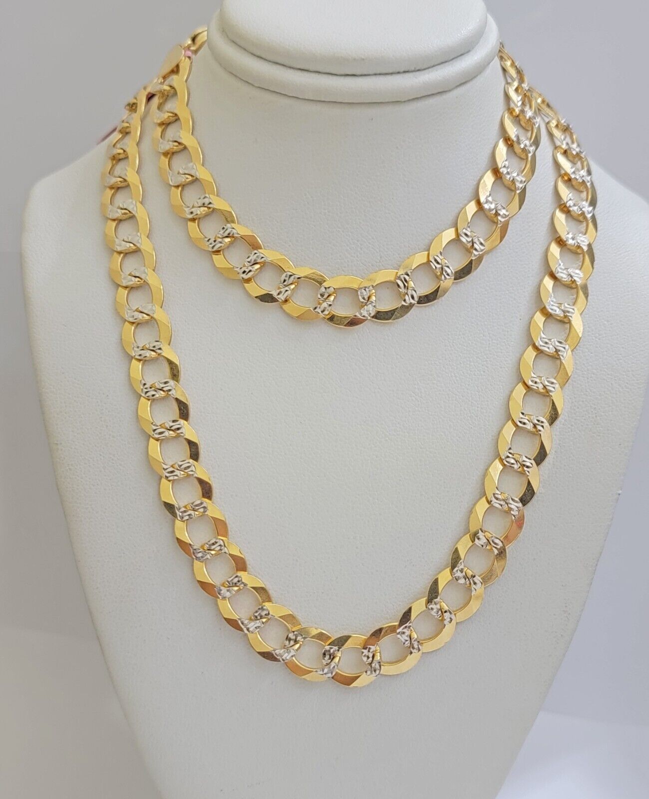 Solid 14k Gold Chain necklace Cuban Curb Link  9.5mm Two-Tone Diamond Cut 20-30"