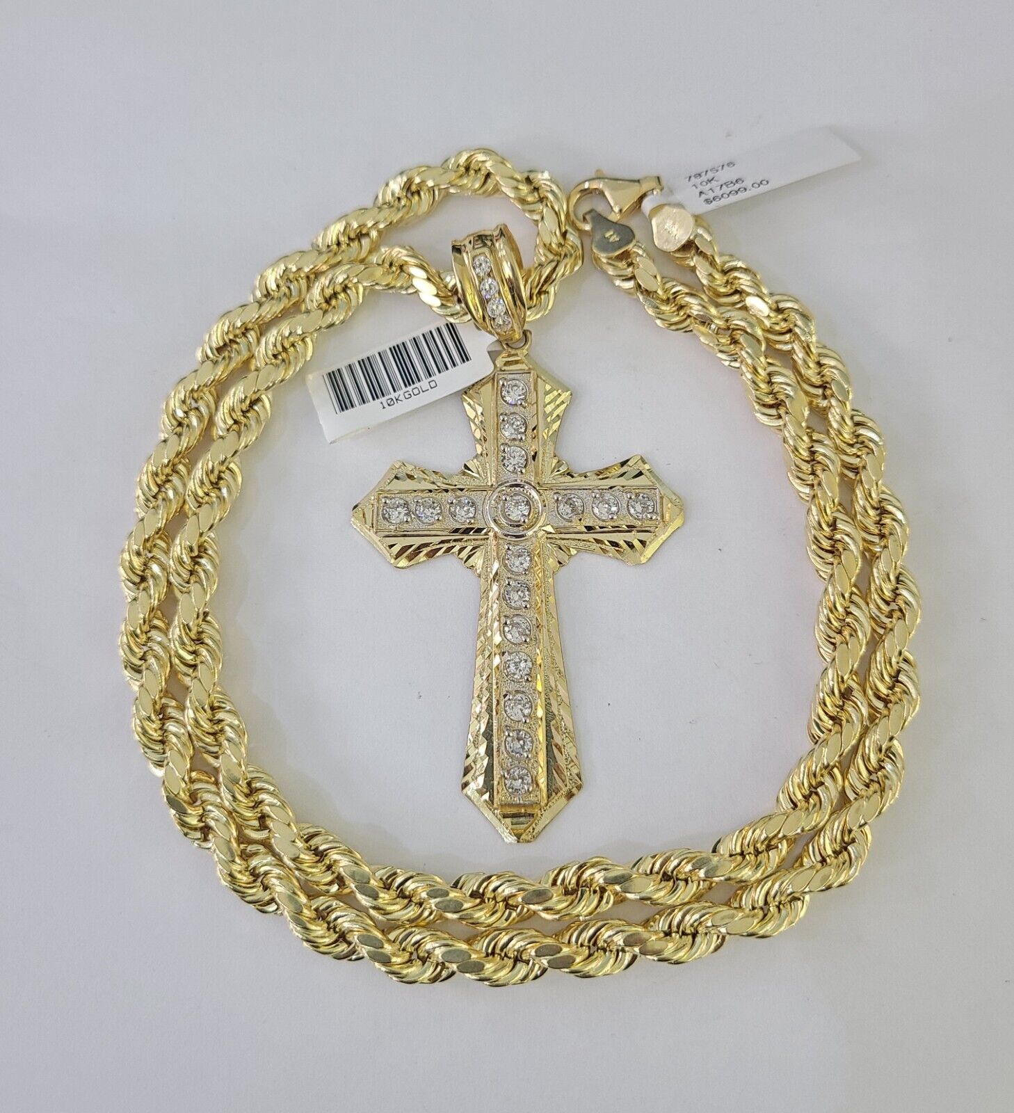 10k Yellow Gold Rope Chain Jesus Cross Charm Pendant 18-30'' Inch 7mm  Necklace