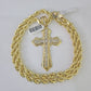 10k Yellow Gold Rope Chain Jesus Cross Charm Pendant 18-30'' Inch 7mm  Necklace