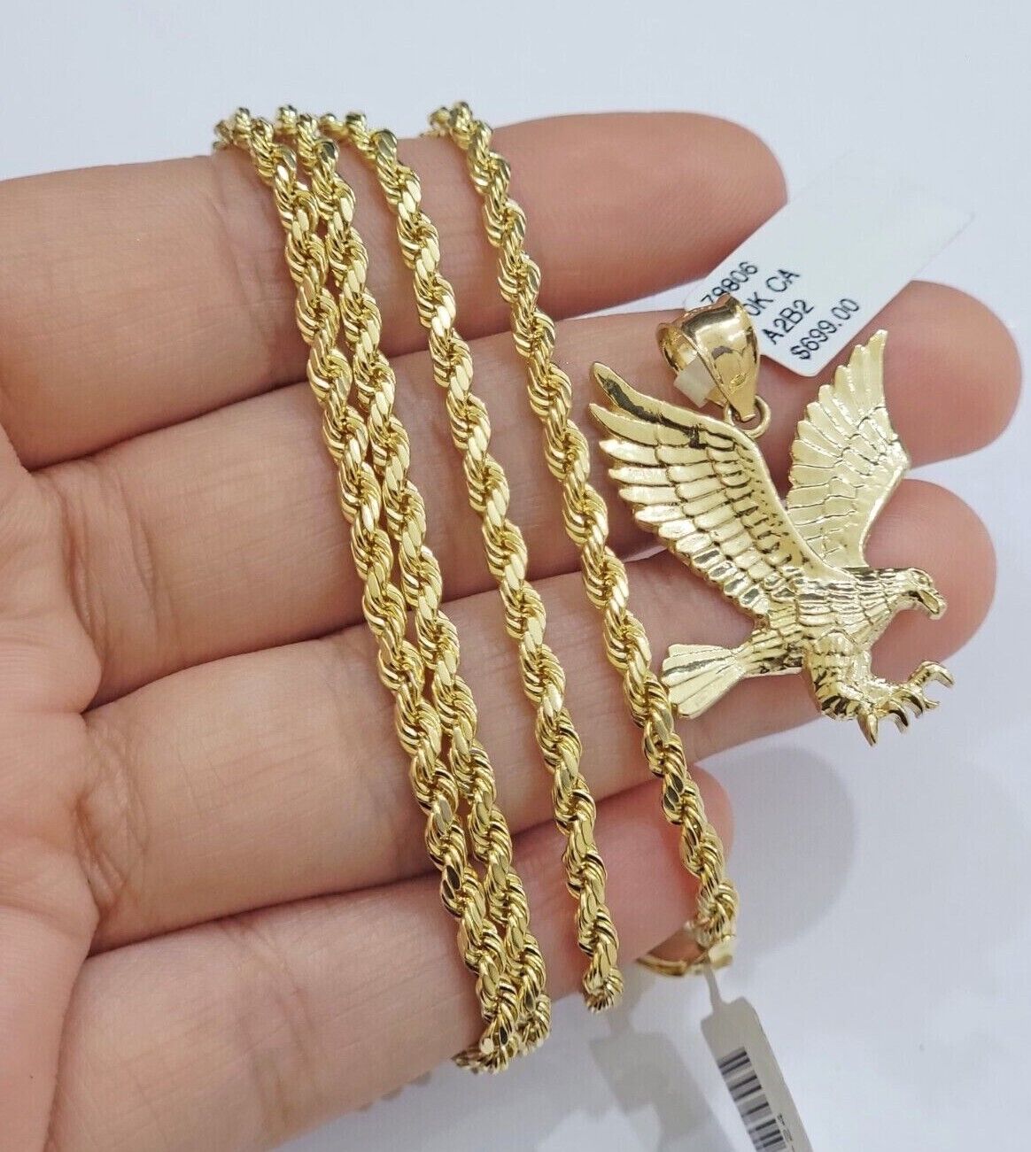 10k Yellow Gold Rope Chain Eagle Charm Pendant Set 18"-28 Inch 3mm Necklace REAL
