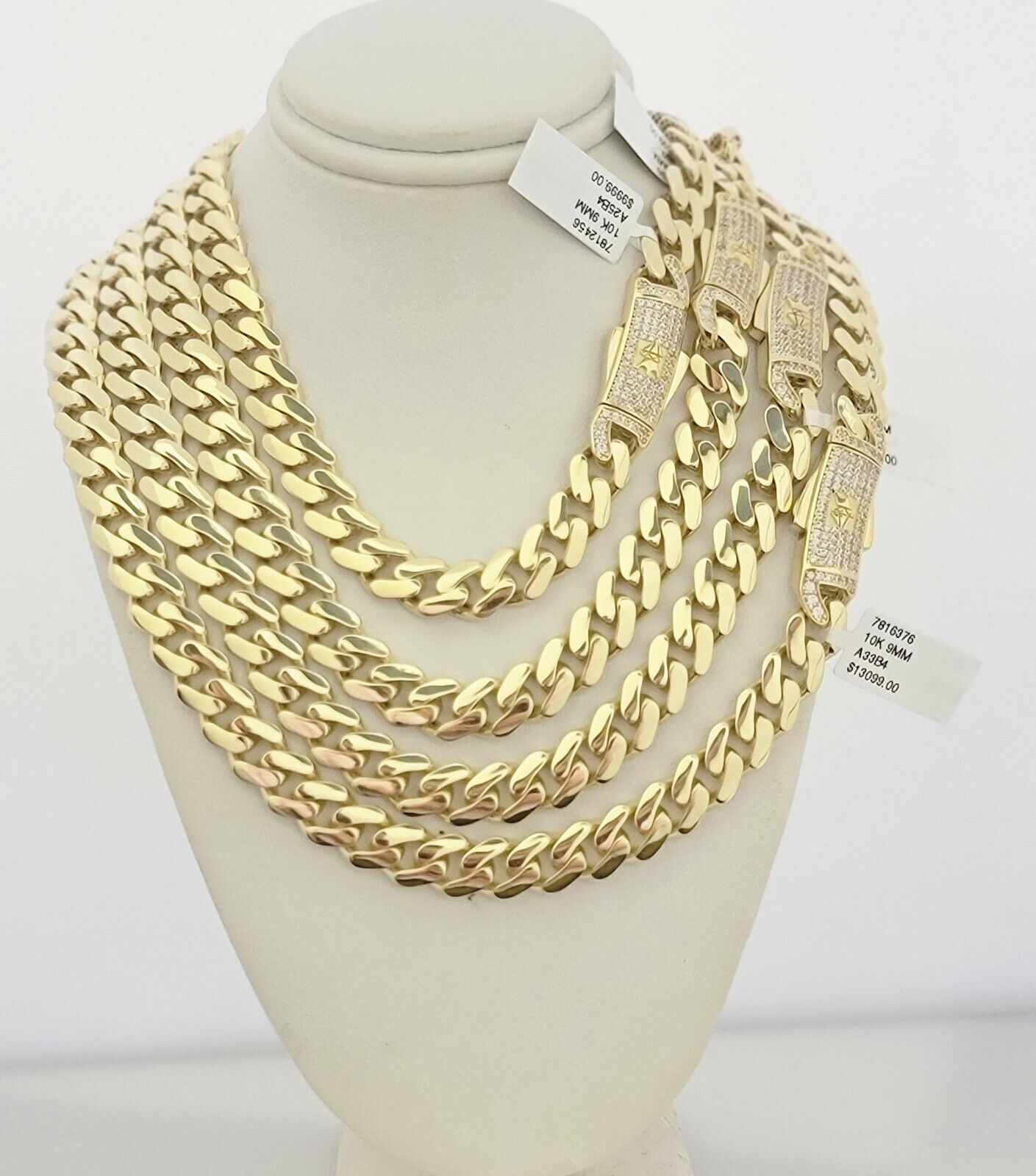 Real 10k Gold chain Cuban Link Monaco necklace 9mm 16-30 Inches CZ Box Lock 10KT