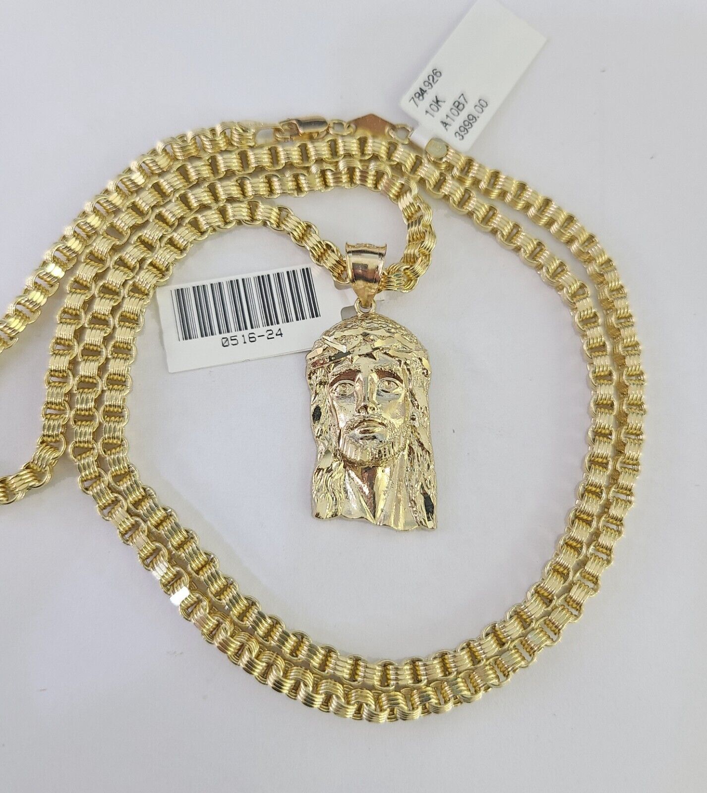 Real 10k Gold Byzantine Necklace Jesus Head Charm SET Chain 18"-30" 3mm Pendant