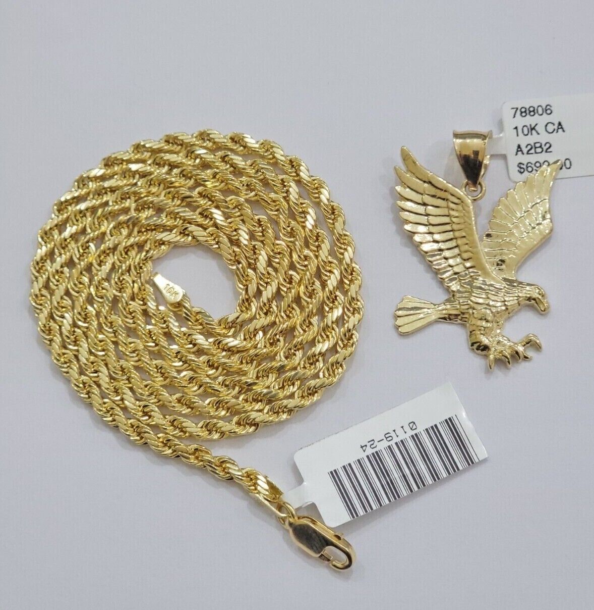 10k Gold Rope Chain Eagle Charm Pendant Set 22'' Inches 3mm Necklace REAL SALE
