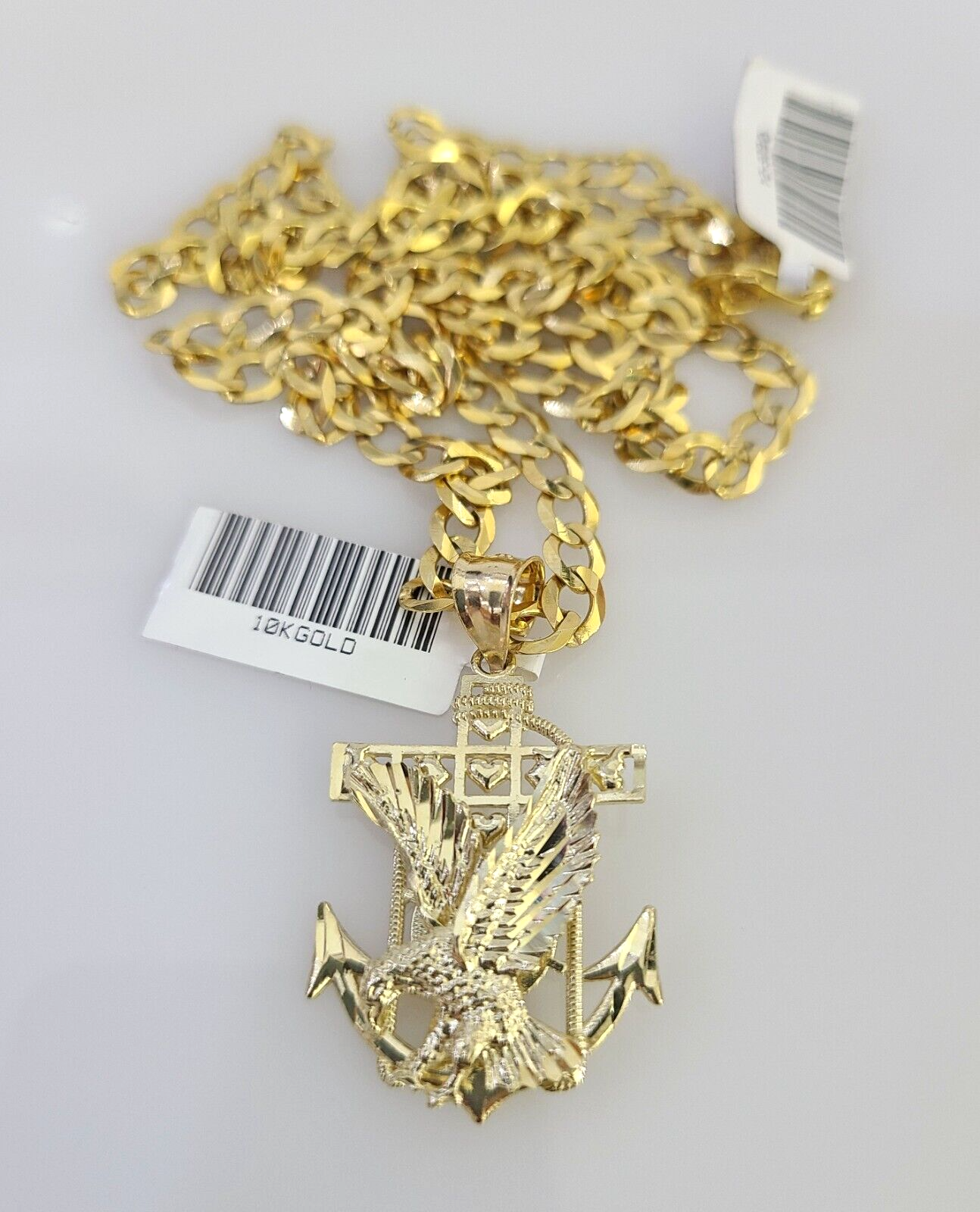 10k Gold Chain Necklace Eagle Anchor Pendant Set Cuban Curb 5mm 20"-28" Charm