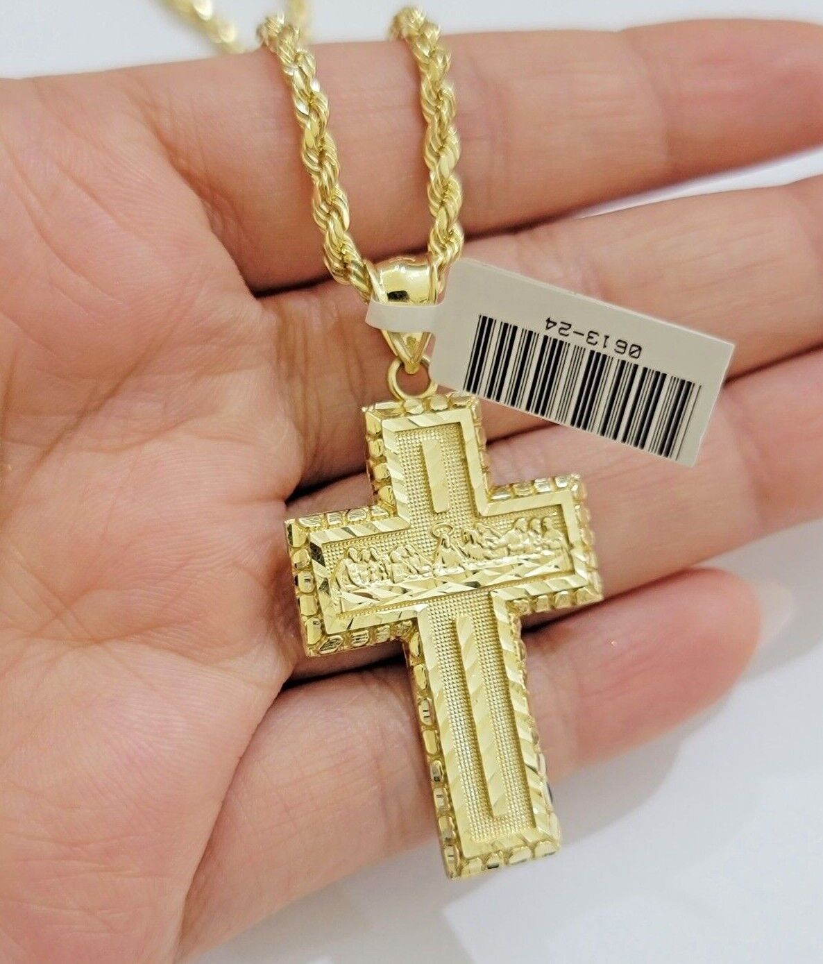 10k Yellow Gold Rope Chain Last Supper Cross Charm Pendant 18-28'' Inch Necklace