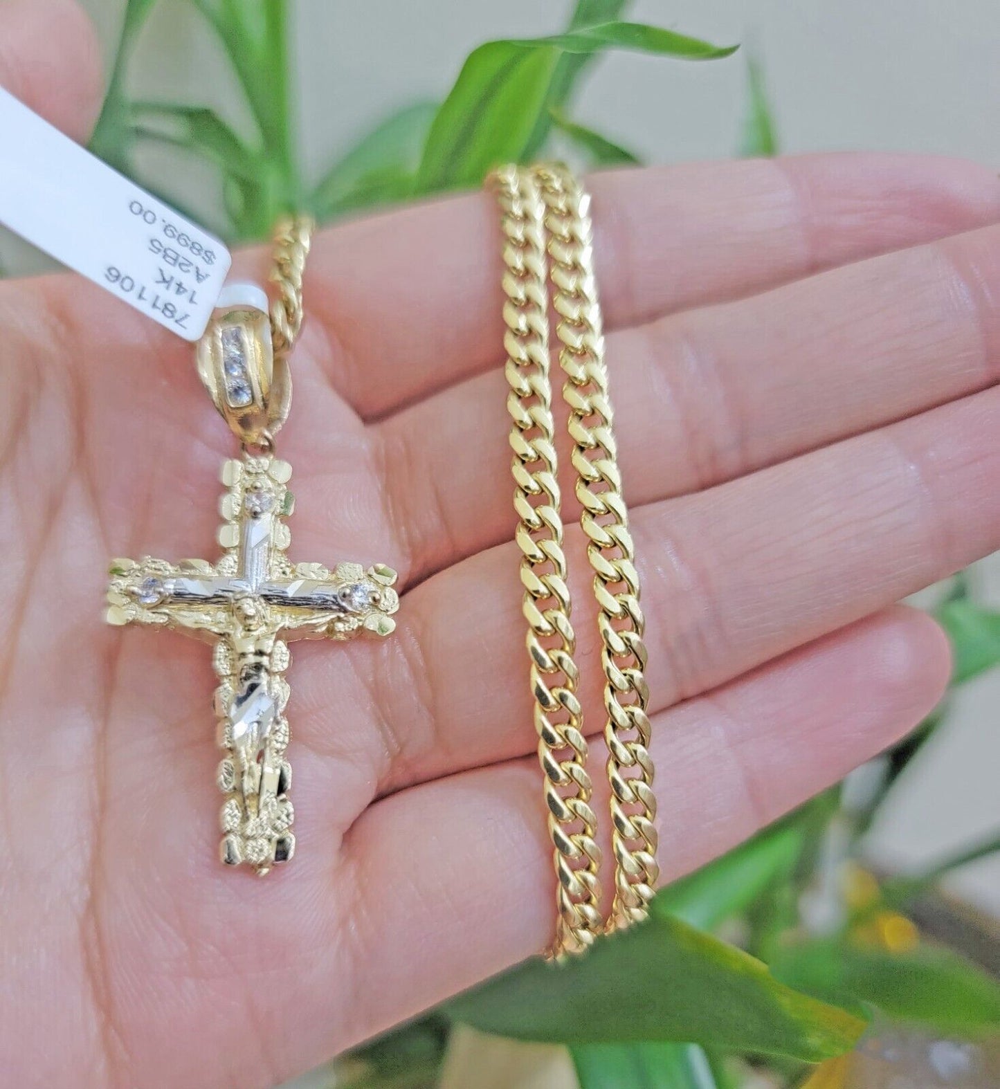 Real 14k Gold Chain & Cross pendant Set 14kt Miami Cuban Link Chain 4mm & Cham