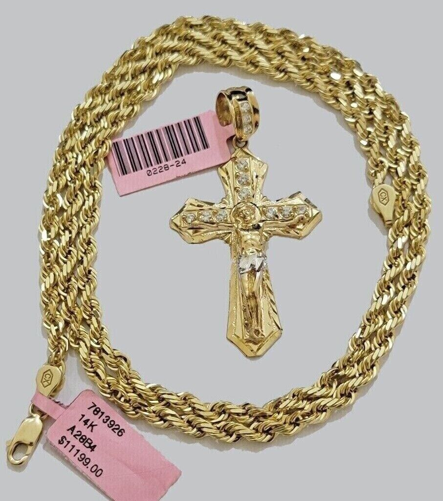 Solid 14kt Gold Rope Chain Necklace Jesus Cross Charm CZ Pendant 24'' Inches 4mm