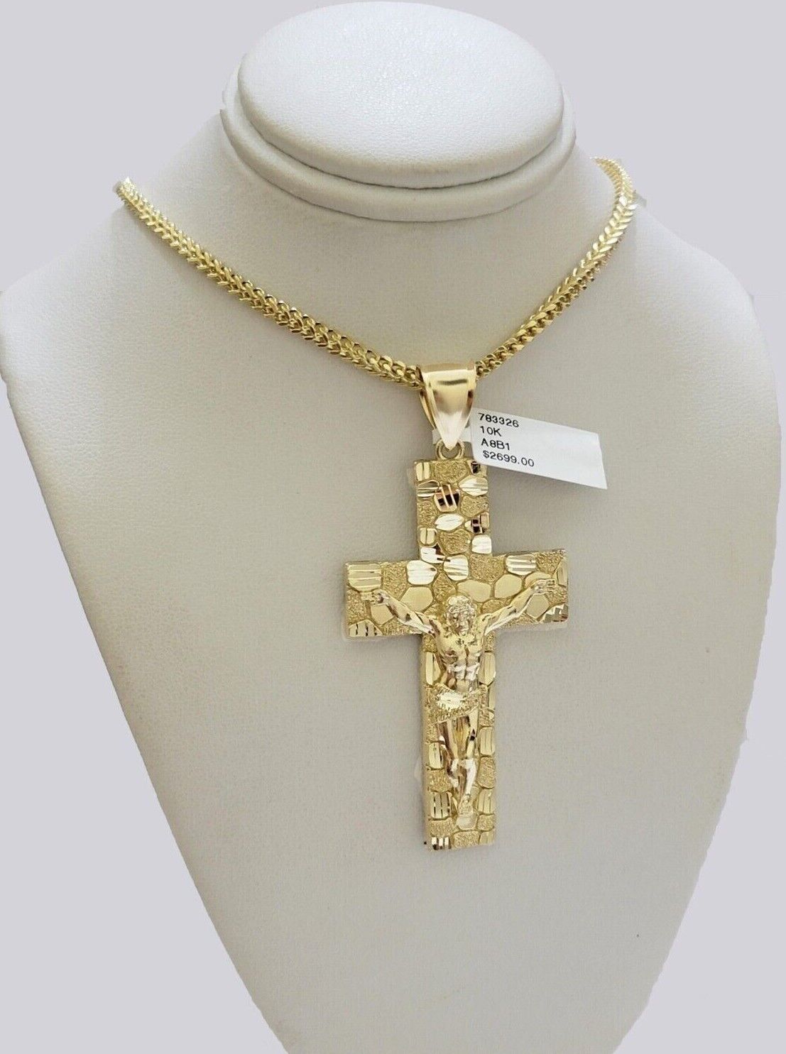 10kt Yellow Gold Franco Chain Necklace Nugget Cross Charm Pendant 3mm 18-26 Inch