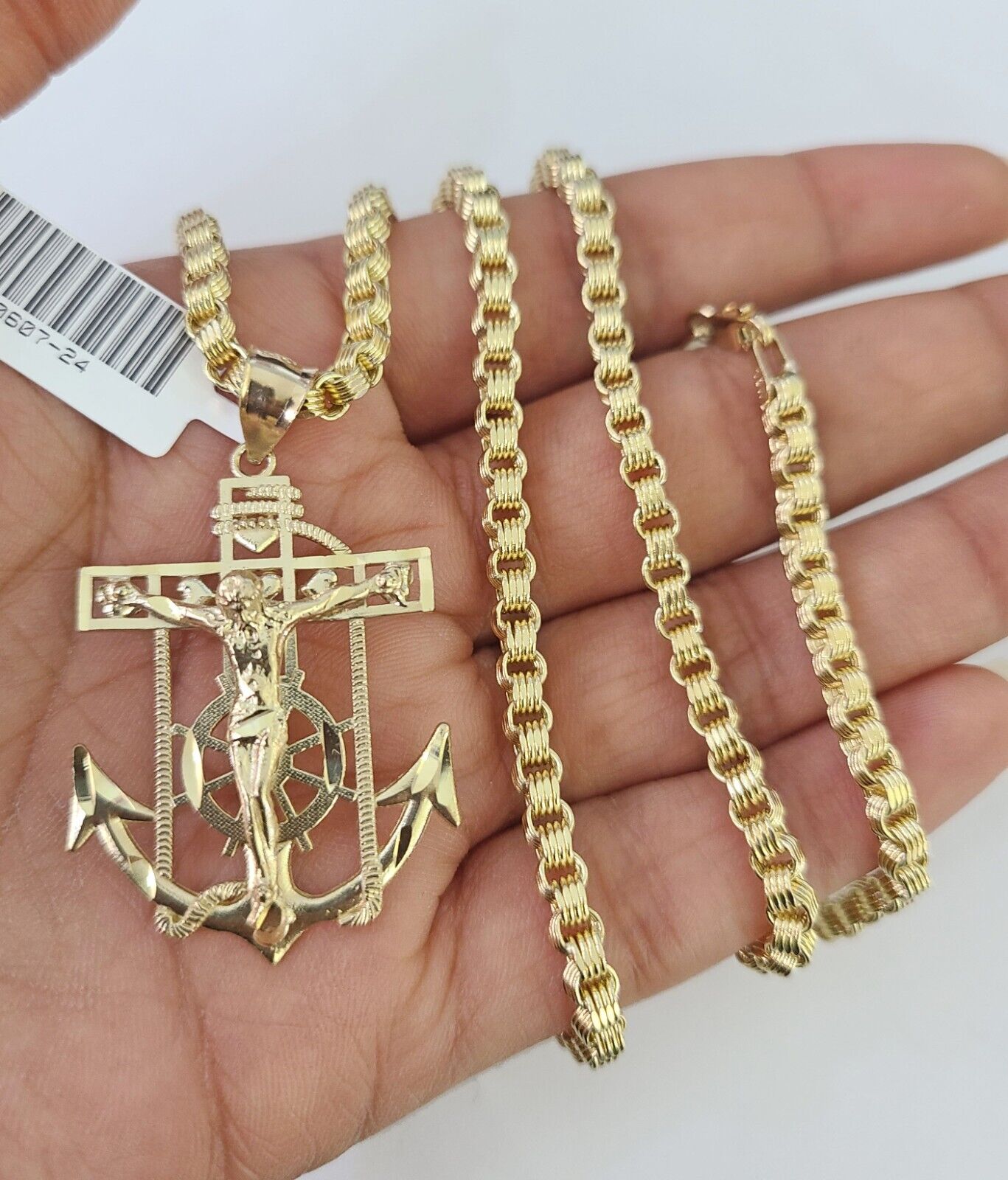 Real 10kt Gold Byzantine Necklace Jesus Anchor Charm SET Chain 20" Inch 3mm SALE