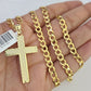 10k Gold Chain Necklace Jesus Cross Pendant Set Cuban Curb 5mm 20"-28" Charm