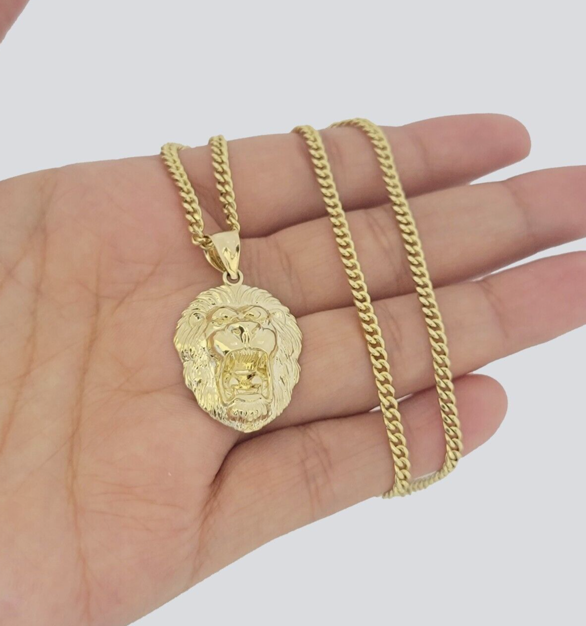 10kt Gold Miami Cuban Chain Lion Head Charm Pendant 3mm 16-28 Inch Necklace SALE