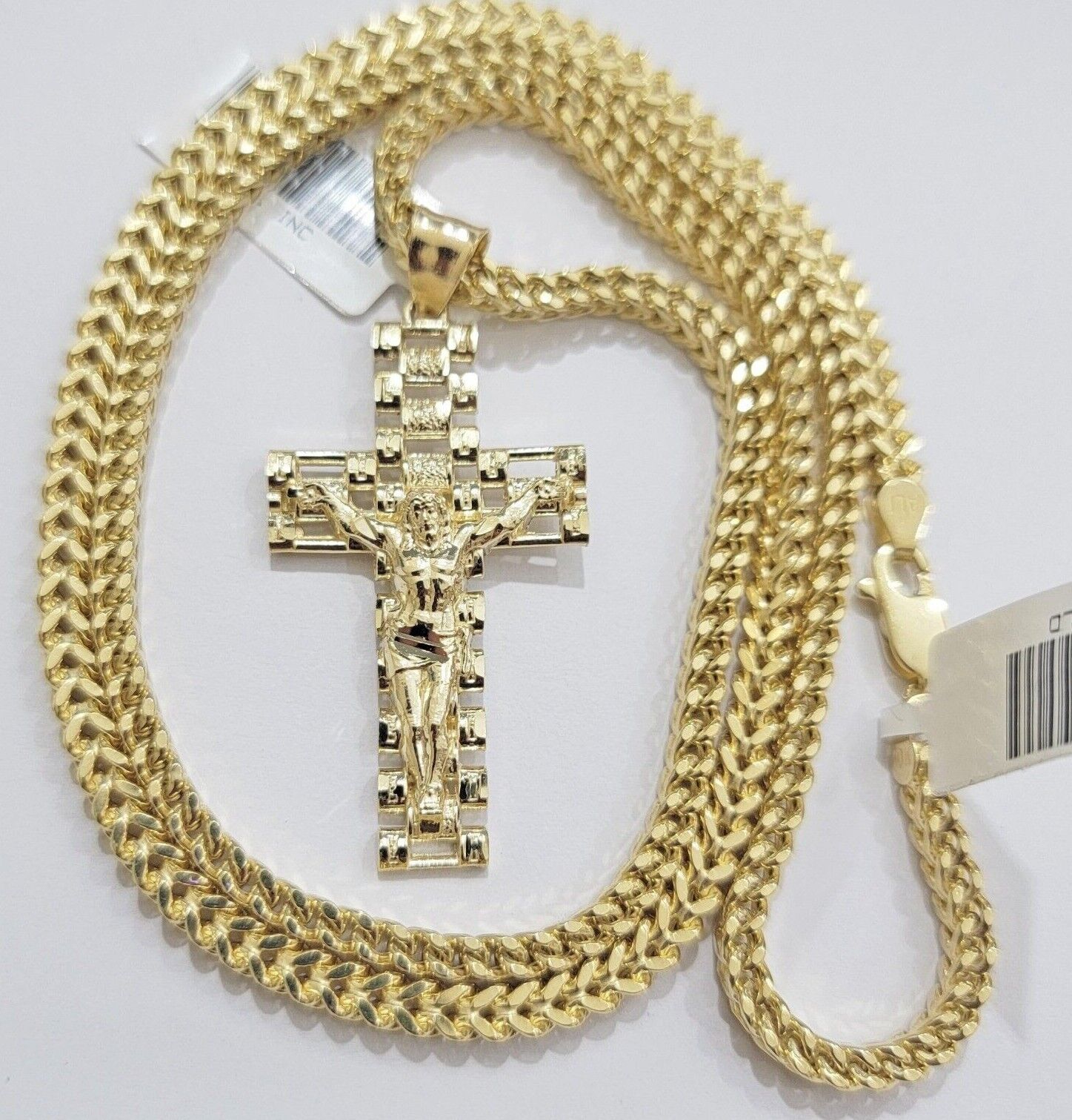 Real 10k Gold Franco chain & Jesus Cross Charm pendant , 3mm Necklace ,Men Women