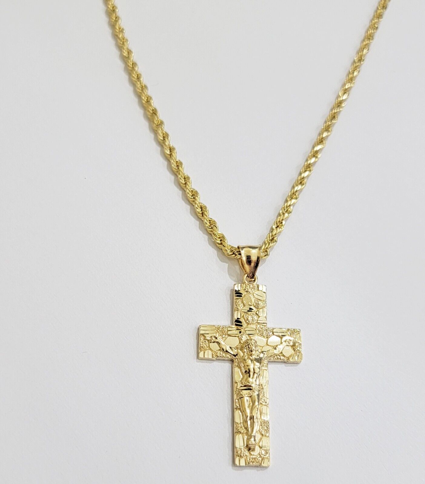 REAL 14k Gold Rope Chain Necklace Nugget Cross Charm Pendant SET 3mm 18 -26 Inch