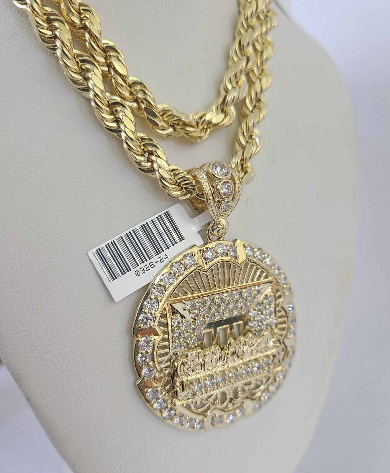 10kt Yellow Gold Rope Chain Last Supper Charm Pendant 18-30''Inches Necklace 8mm