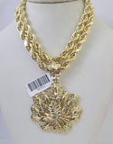 10k Yellow Gold Rope Chain Weed leaf Charm Pendant 18-30'' Inch 7mm  Necklace