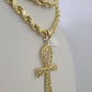 10k Yellow Gold Rope Chain Jesus Cross Charm Pendant 18-30'' Inch 8mm  Necklace