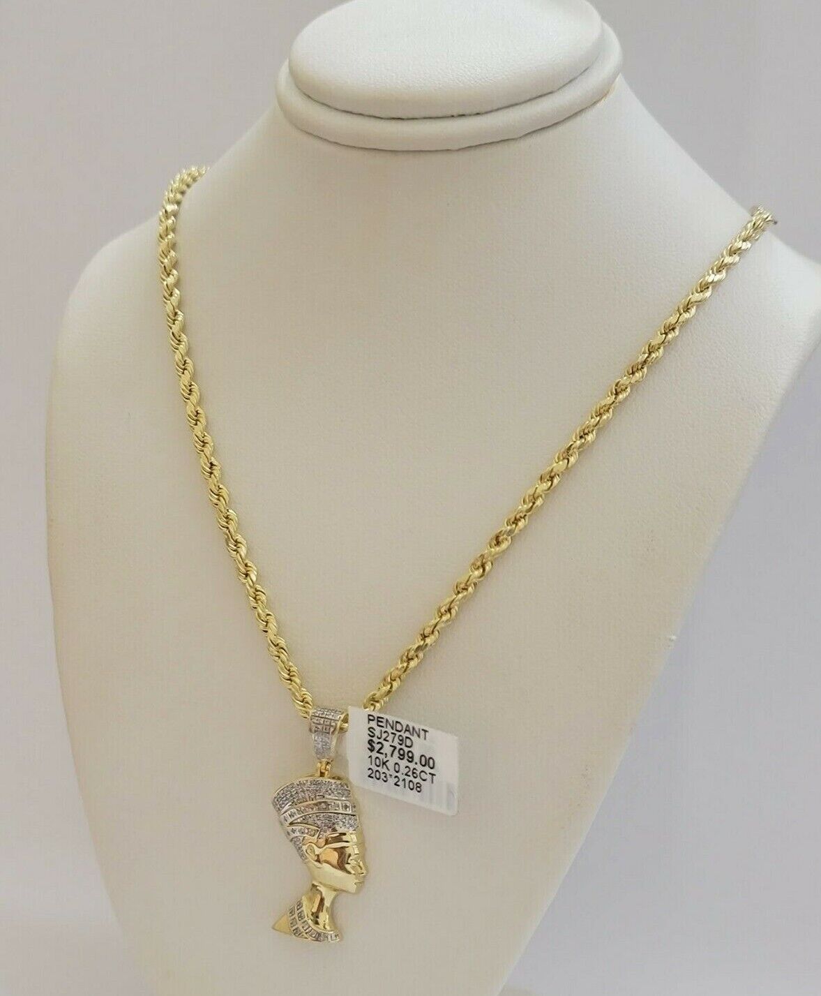 REAL 10k Gold Rope Chain Diamond Pendant Pharaoh Head SET 3mm Necklace 18