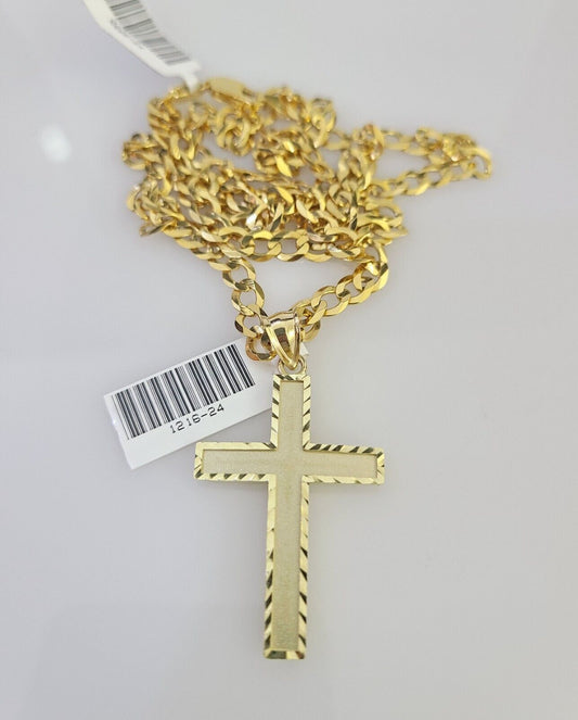 10k Gold Chain Necklace Jesus Cross Pendant Set Cuban Curb 5mm 20"-28" Charm