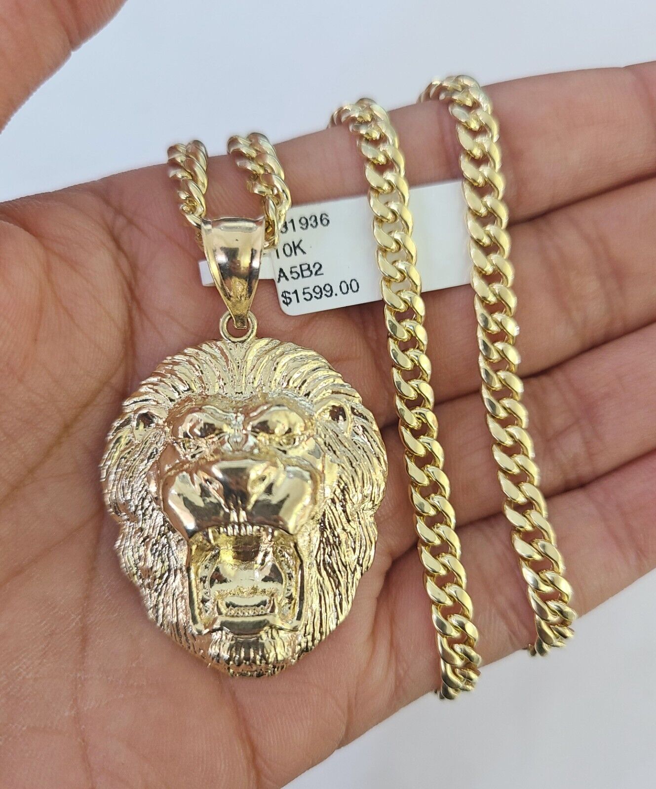 10k Gold Chain Roaring Lion Pendant Set Miami Cuban link Necklace 5mm 20"-30"