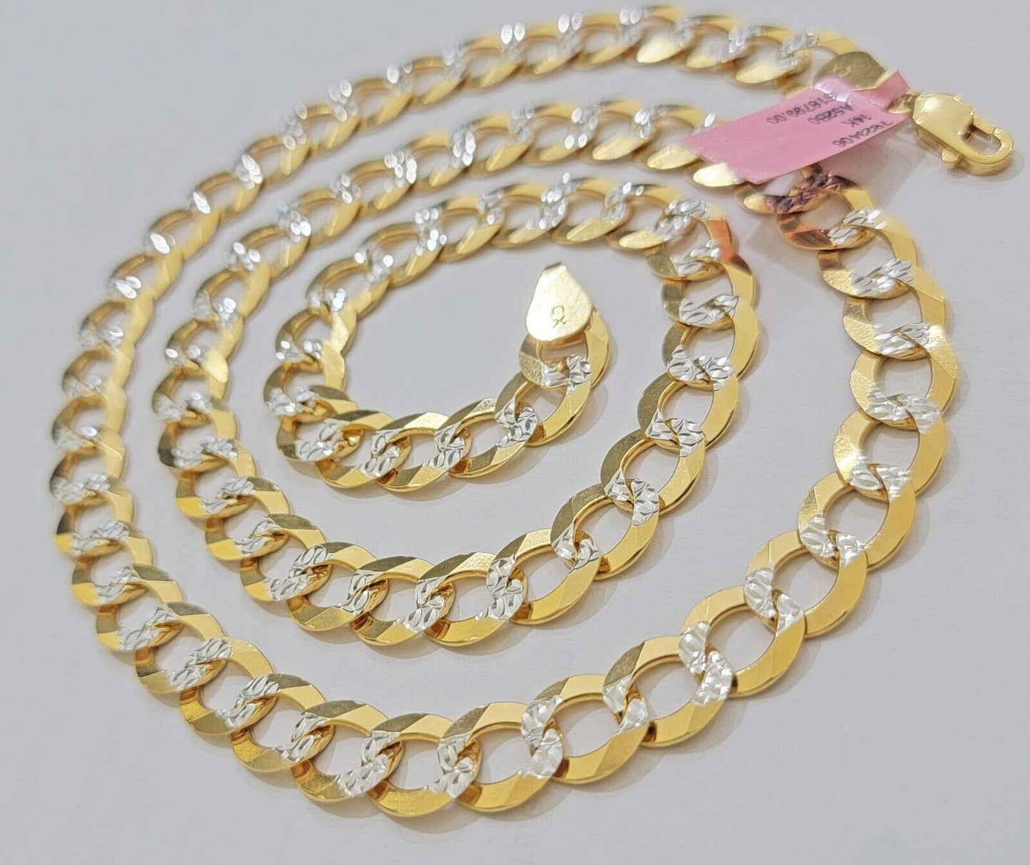 Solid 14k Gold Chain necklace Cuban Curb Link  9.5mm Two-Tone Diamond Cut 20-30"