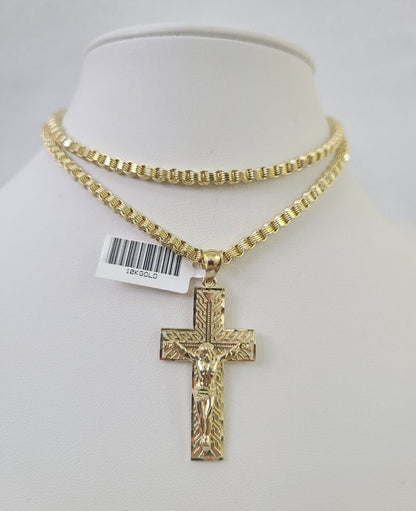 Real 10k Gold Byzantine Necklace Jesus Cross Charm SET Chain 18"-30" 3mm Pendant