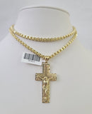 Real 10k Gold Byzantine Necklace Jesus Cross Charm SET Chain 18"-30" 3mm Pendant