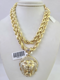 10k Rope Chain Roaring Lion Charm Pendant Gold 18"-30'' Inch 7mm Necklace