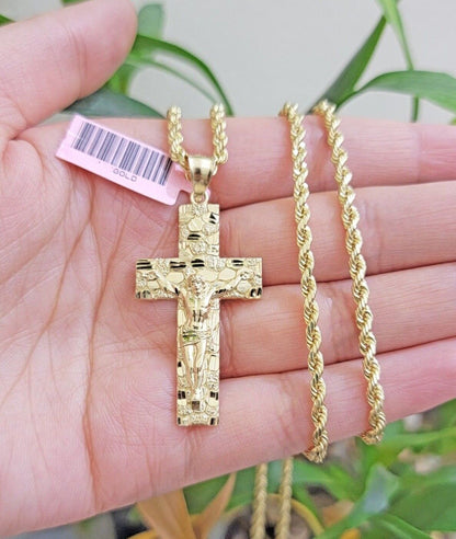 10k Gold Rope Chain Nugget Cross Charm Pendant Set 18-28 inch 3mm Necklace, REAL