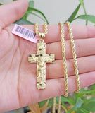 10k Gold Rope Chain Nugget Cross Charm Pendant Set 18-28 inch 3mm Necklace, REAL