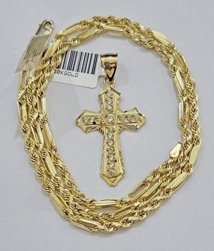 10kt Gold Milano Rope Chain Jesus Cross Charm Pendant Set 18-24'' Inch Necklace