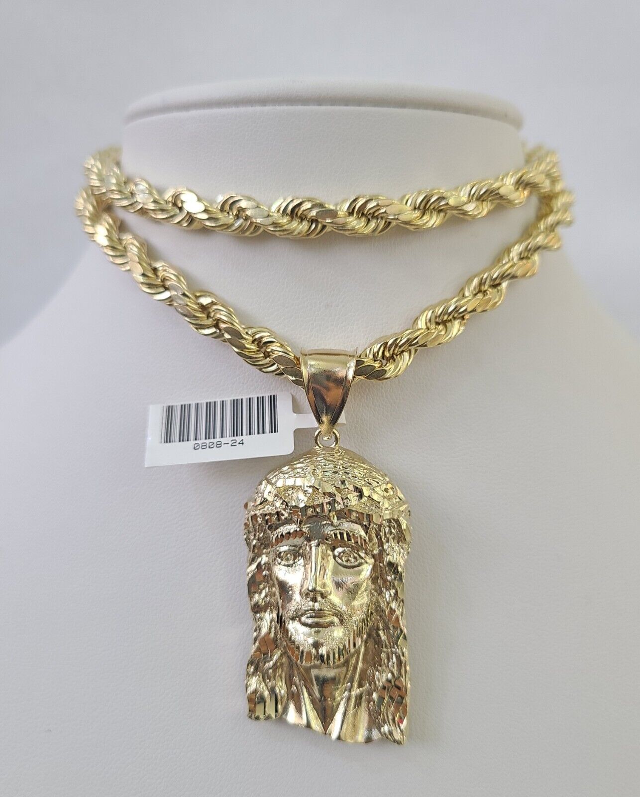 10kt Yellow Gold Rope Chain Jesus Head Charm Pendant 18 Inches 7mm Necklace SALE